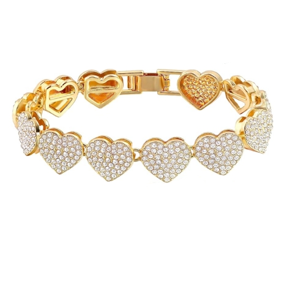 Pave Iced CZ Crystal Gold Heart Links Bracelet Rhinestone Hearts Unisex Women - Picture 2 of 10